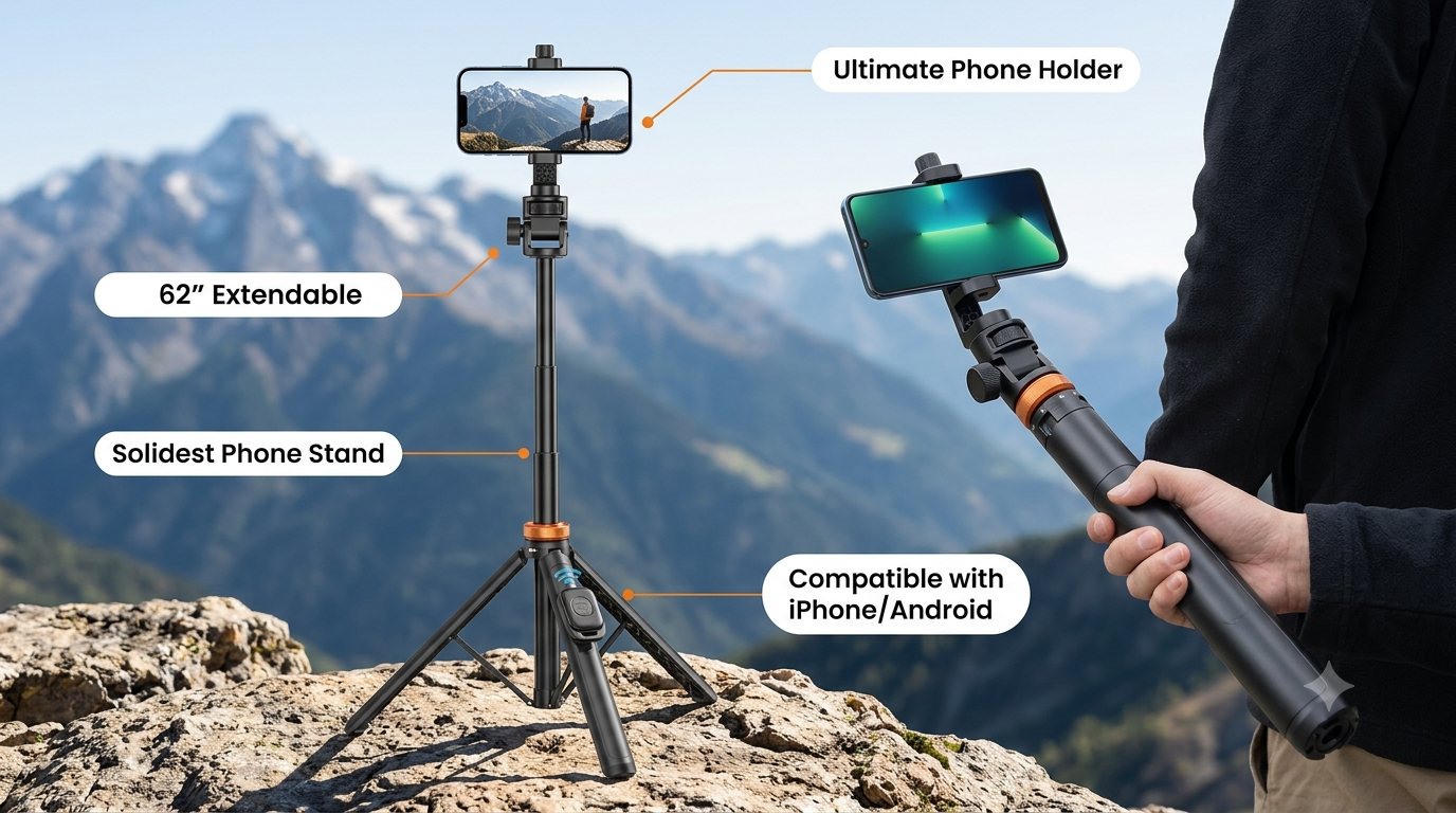 EUCOS 62" Phone Tripod Stand with Remote for iPhone & Android